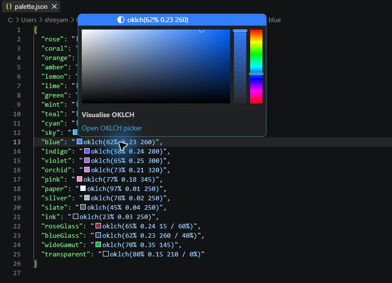 Inline OKLCH swatches with the native hover picker and Open OKLCH picker action