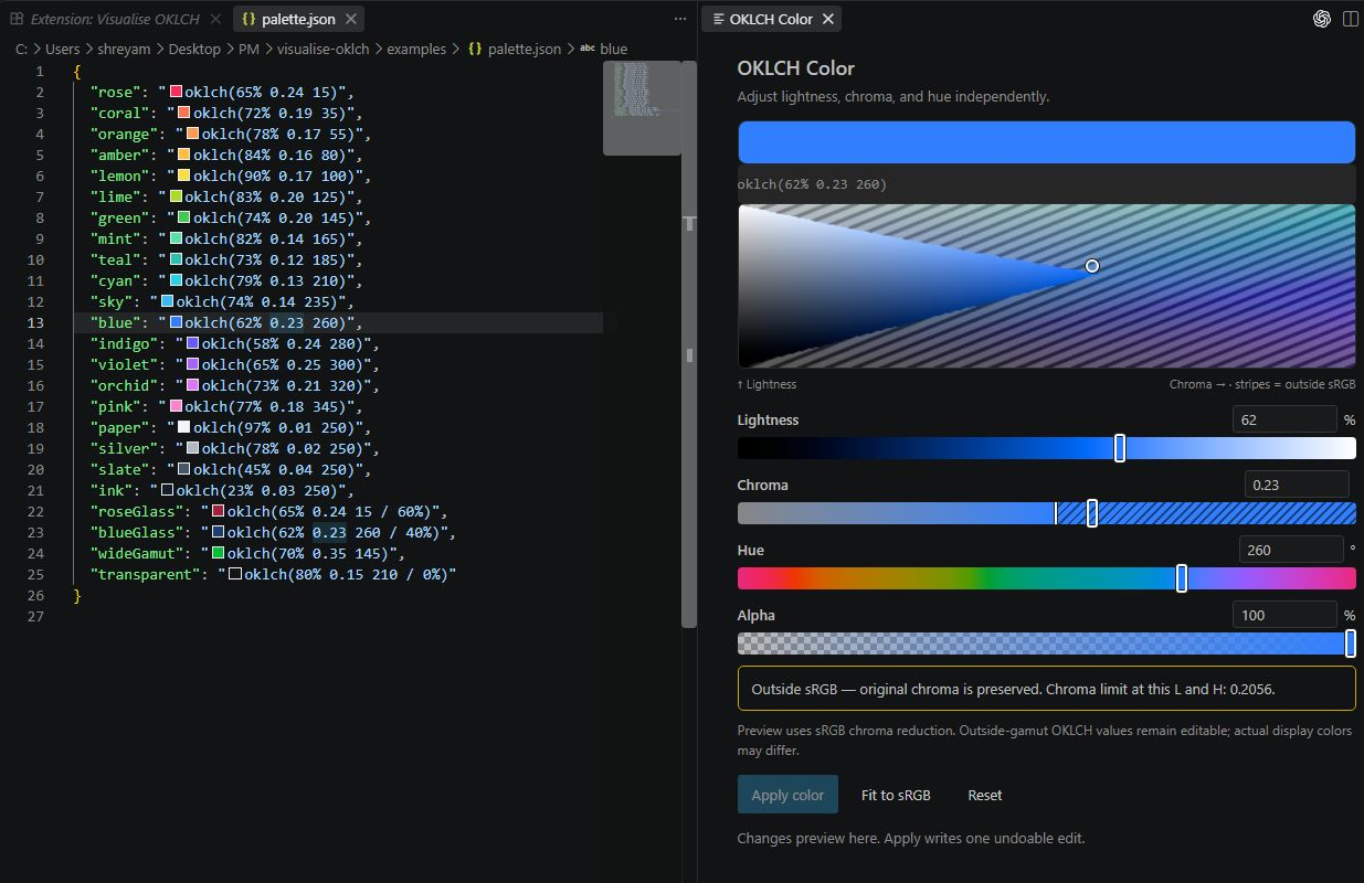 Visualise OKLCH custom picker beside the JSON palette, with lightness, chroma, hue, alpha and gamut controls
